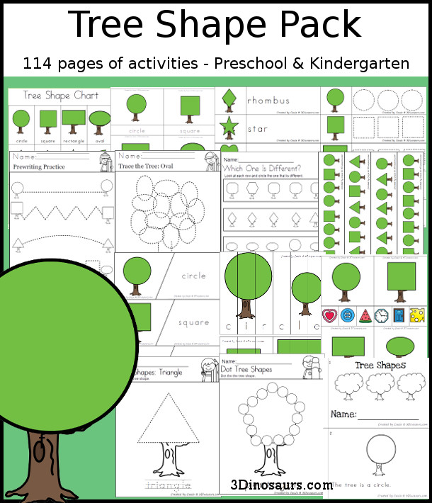 Tree Shape Pack - has 114 pages of printables for kids to work on shapes with trees. There are tracing, writing, puzzles, clip cards, easy reader book, patterns and more - 3Dinosaurs.com