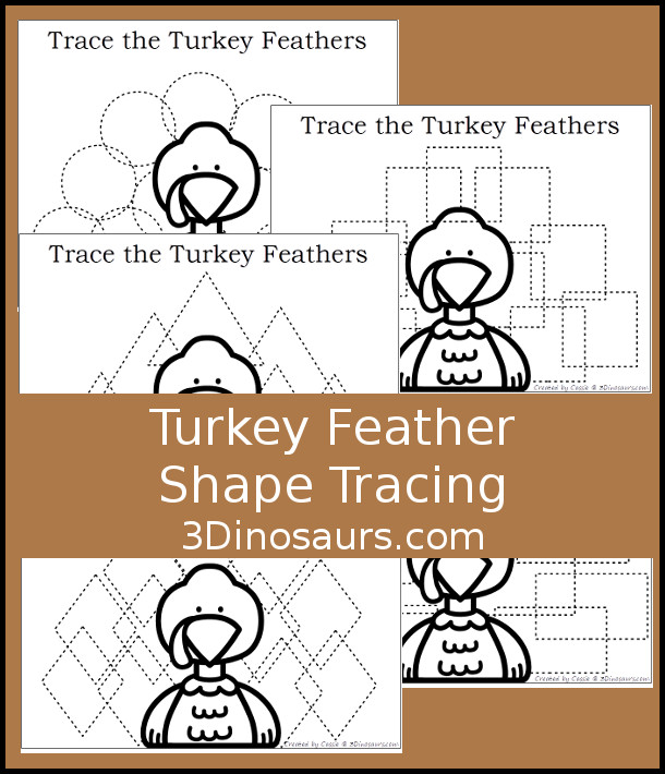 Free Turkey Feather Shape Tracing - 5 shapes for kids to learn with this easy no-prep printable - 3Dinosaurs.com #no-prep #shapes #freeprintables #kindergarten #prek