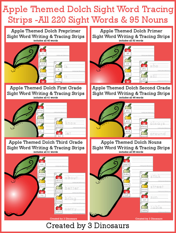 Apple Sight Words Tracing Strips Bundle - all 220 Dolch Sight Words and 95 nouns, tracing Words and writing word options - 3Dinosaurs.com #sightwords #appleforkids #tracingpractice #writingpractice