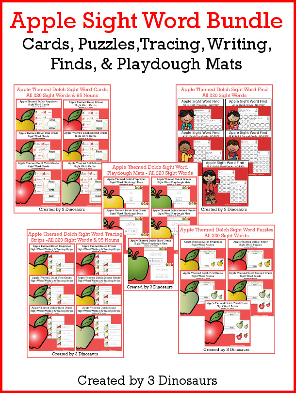 Apple Sight Word Activities: Finds, Playdough Mats, Tracing Strips, Cards, and Puzzles - loads of fun activities for kids to learn their sight words with a fall apple theme - 3Dinosaurs.com