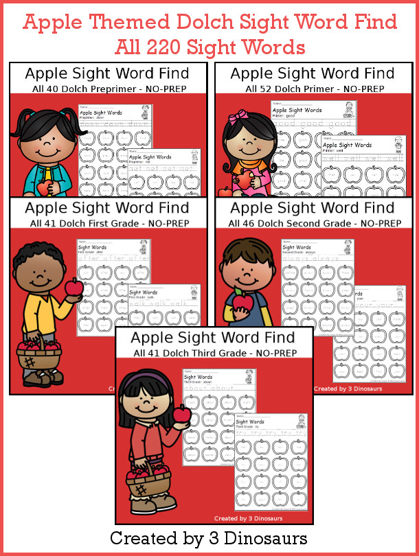 Apple Sight Words Find Bundle - all 220 Dolch Sight Words in a no-prep printable for tracing and finding sight words - 3Dinosaurs.com #sightwords #appleforkids #noprepprintable #tpt