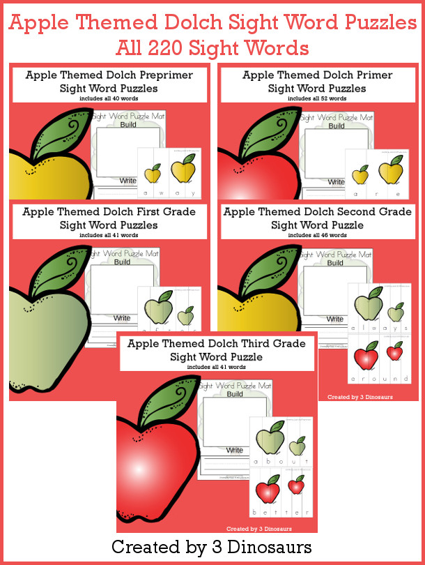 Apple Sight Words Puzzle Bundle - all 220 Dolch Sight Words, build mat and recording sheet - 3Dinosaurs.com #sightwords #appleforkids #puzzles #spelling