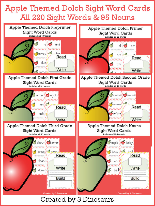 Apple Sight Words & Nouns Cards Bundle - all 220 Dolch Sight Words and 95 nouns with read write and build mat - 3Dinosaurs.com #sightwords #applesforkids #flashcards