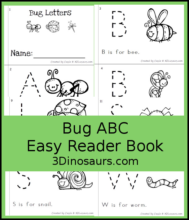 Free Bug ABC Easy Reader Book Printable - with 11 bugs for kids to learn the beginning sound with the letters a, b, c, d, f, g, l, s, w - 3Dinosaurs.com