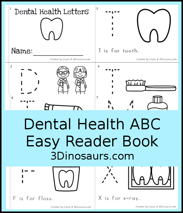 Free Dental Health ABC Easy Reader Book - with tracing uppercase letters and  7 themes in the book for kids to use in kindergarten and prek  - 3Dinosaurs.com