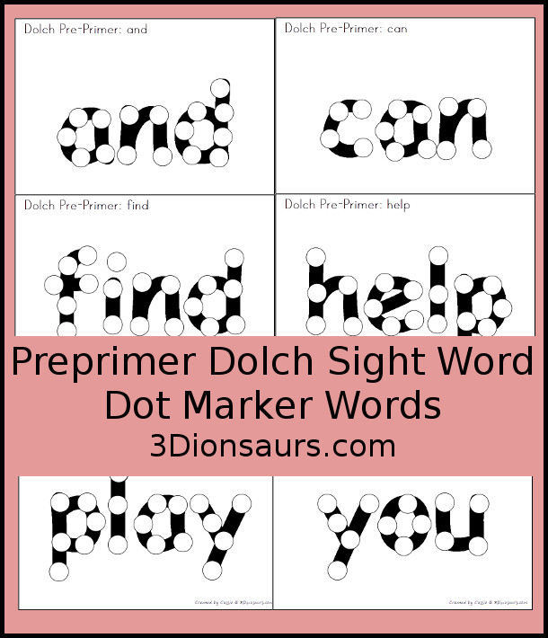 Free Preprimer Sight Word Dot Marker - 3Dinosaurs.com