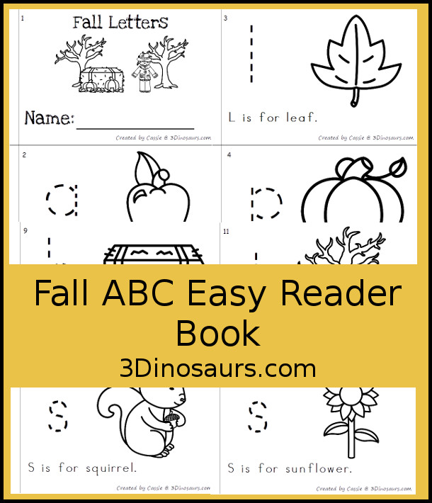 Free Fall ABC Letters themed Tracing Easy Reader Book - with letters a, l, p, s, r, h, t in a 12 page book - 3Dinosaurs.com