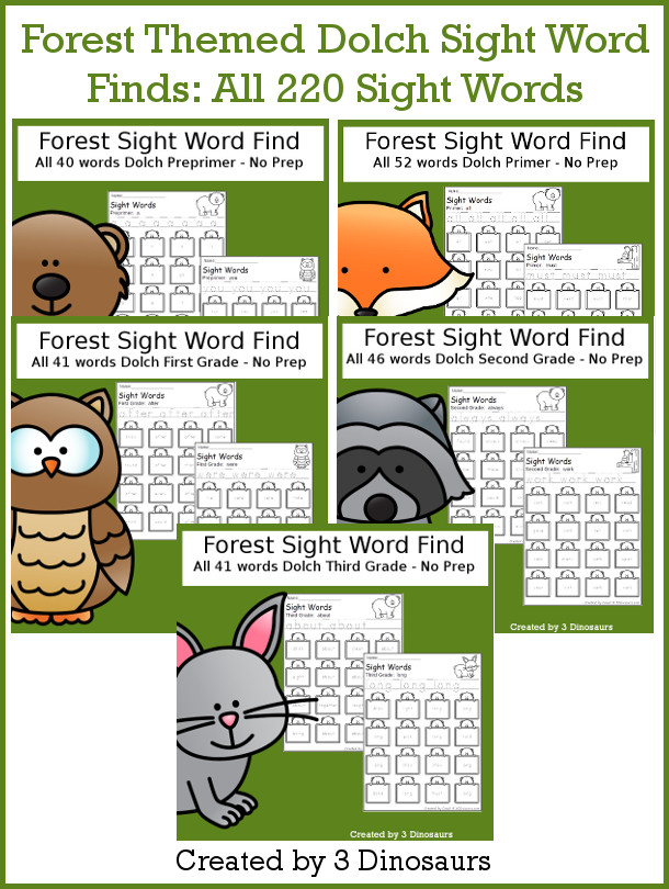 Forest Sight Words Find Bundle - all 220 Dolch Sight Words in a no-prep printable for tracing and finding sight words - 3Dinosaurs.com #sightwords #forestforkids #noprepprintable #tpt