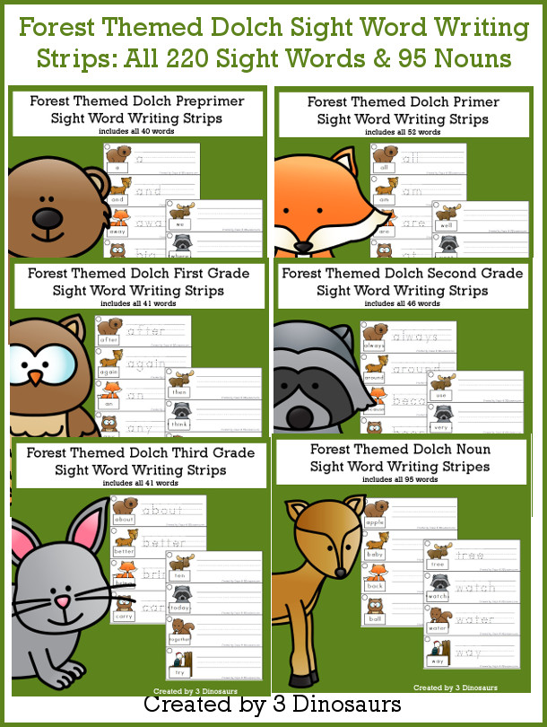 Forest Sight Words Tracing Strips Bundle - all 220 Dolch Sight Words and 95 nouns, build mat and recording sheet - 3Dinosaurs.com #sightwords #forestforkids #tracingpractice #writingpractice