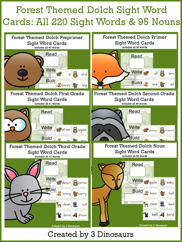 Forest Sight Words & Nouns Cards Bundle - all 220 Dolch Sight Words and 95 nouns with read write and build mat - 3Dinosaurs.com #sightwords #forestforkids #flashcards