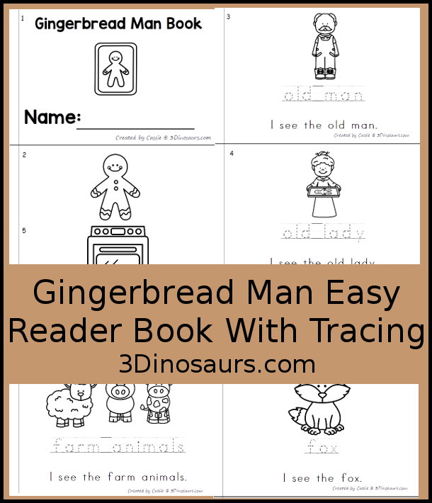 Free Gingerbread Man Easy Reader Book with Tracing - a fun easy reader book that has words for kids to learn from the Gingerbread Man story. They can trace the word and read the sentences about the picture. A fun 7-page book for kids.- 3Dinosaurs.com