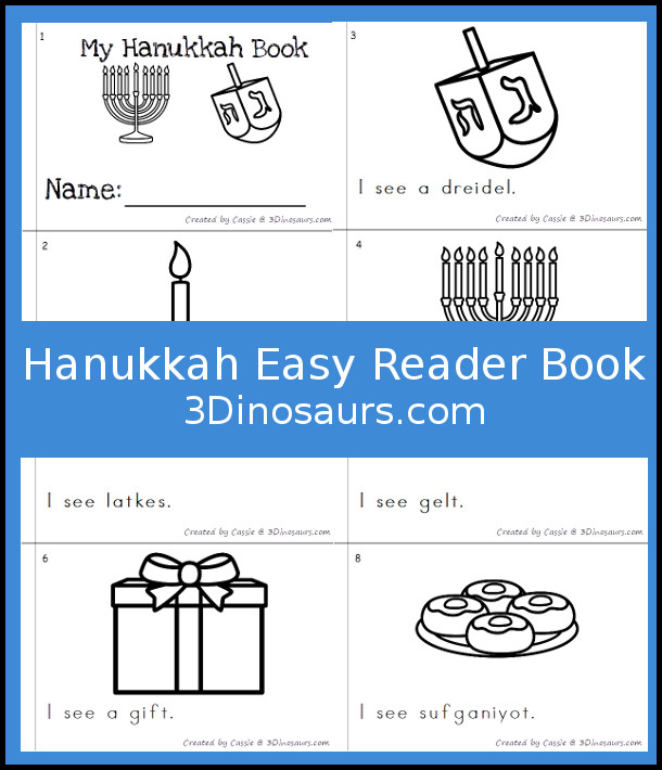 Free Hanukkah Themed Easy Reader Book - 8 page book with Hanukkah themed words - 3Dinosaurs.com #easyreaderbook #hanukkahforkids #freeprintables