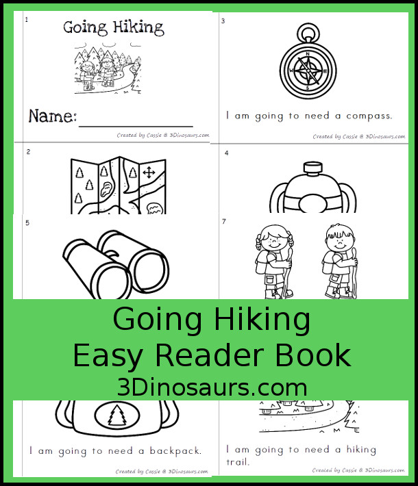 Free Going Hiking Easy Reader Book - 8 page book with summer hiking themes - 3Dinosaurs.com