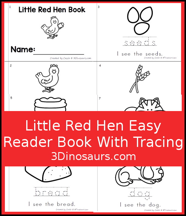 Free Little Red Hen Easy Reader Book with Tracing has a fun 8 page book with different words from the story for kids to trace the word and then read the sentence for the word. A super simple easy reader book for kids. - 3Dinosaurs.com