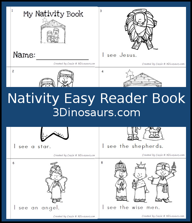 Free Nativity Themed Easy Reader Book - 7 page book with nativity themed words - 3Dinosaurs.com #easyreaderbook #christmasprintables #nativityforkids #freeprintables