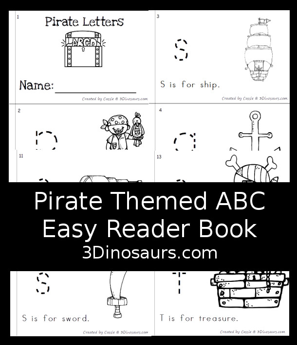 Free Pirate Themed ABC Easy Reader Book - 14 page book with abc themes for a pirate theme - 3Dinosaurs.com