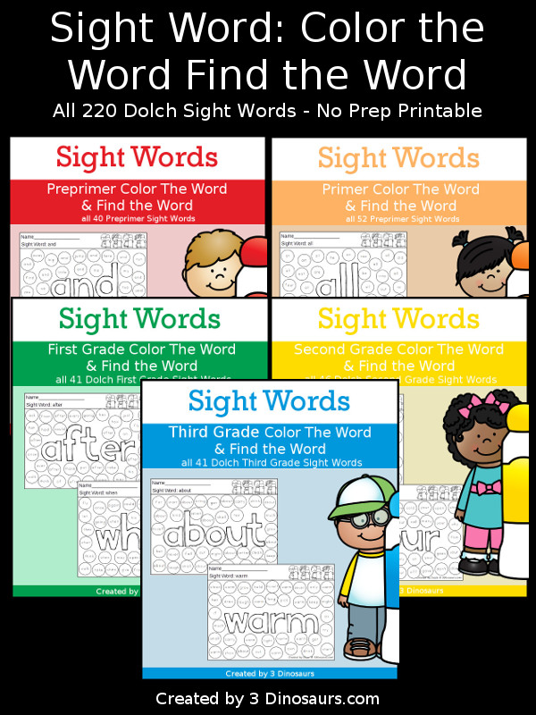 Sight Word Color The Sight Word & Find the Sight Word – 3 Dinosaurs