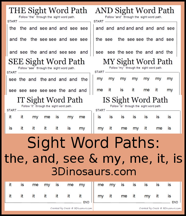 Sight Word Paths: the, and, see & my, me, it, is - 3Dinosaurs.com