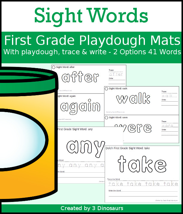 Sight Word Playdough mats with Tracing & Writing First Grade Words - 2 types of playdough mat options all 41 words - 3Dinosaurs.com #sightwords #learningtoread #handsonlearning #firstgrade