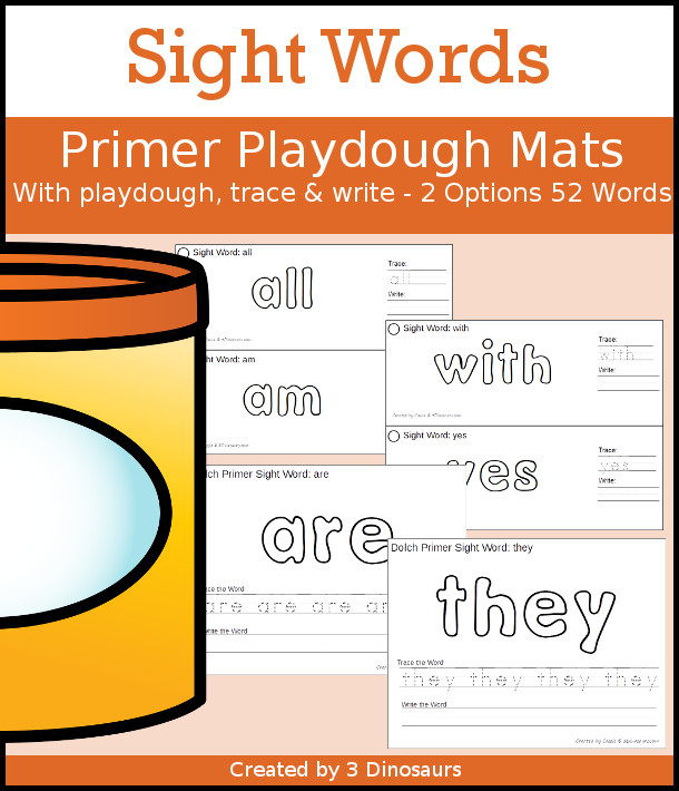 Sight Word Playdough mats with Tracing & Writing Primer Words - 2 types of playdough mat options all 52 words - 3Dinosaurs.com #sightwords #learningtoread #handsonlearning #kindergarten