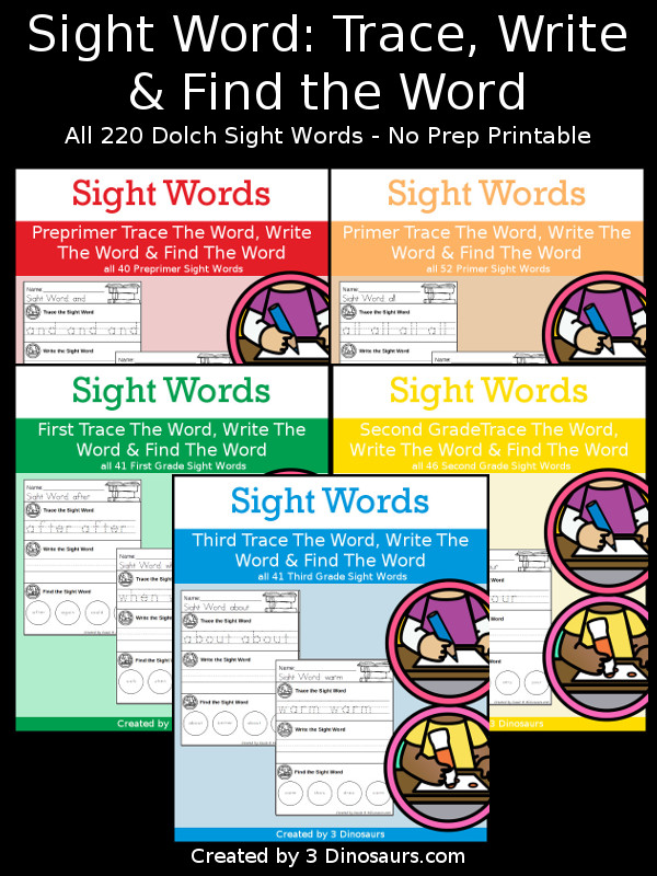 Sight Word Trace Write & Find Simple Bundle- Dolch Preprimer, Primer, First Grade, Second Grade, and Third Grade  - Each no-prep sight word page has tracing the sight word and then finding the sight word  with 220 pages of no-prep printables- 3Dinosaurs.com