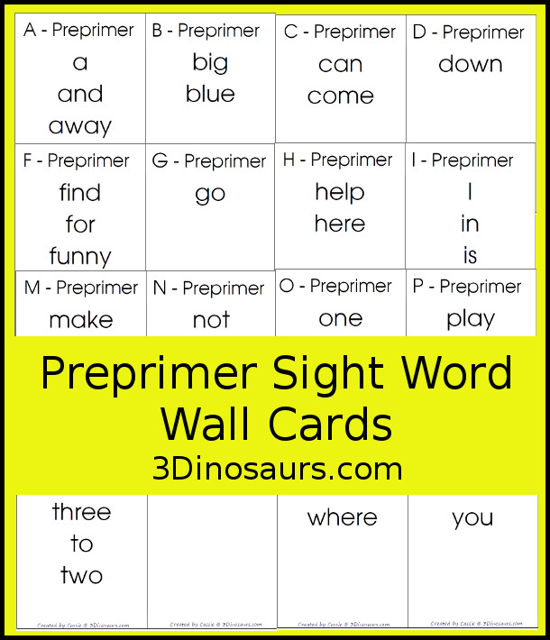 Free Dolch Preprimer Sight Word Wall Cards with each wall cards having all the words that start with that letter with 20 wall cards for kids - 3Dinosaurs.com