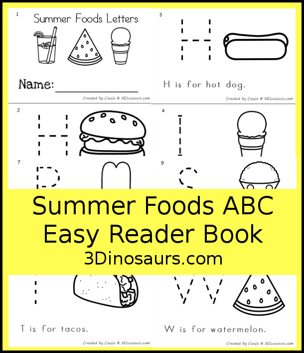 Free Summer Food ABC Easy Reader Book Printable - with 9 fun summer words with tracing an uppercase letter and a simple sentence - 3Dinosaurs.com