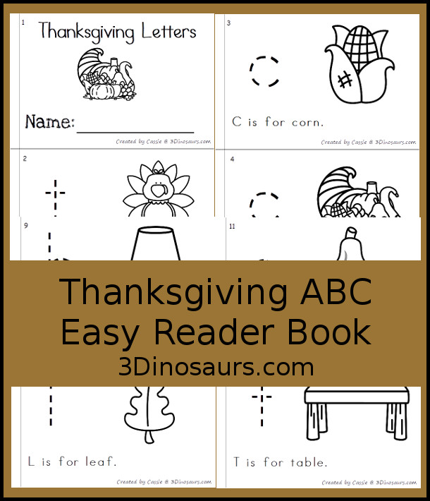 Free Thanksgiving Themed ABC Easy Reader Book - 10 page book with abc themes for a Thanksgiving themes with tracing and reading - 3Dinosaurs.com