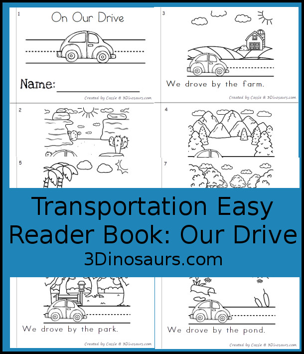 Free Transportation Easy Reader Book: On Our Drive - a fun 8 page easy read book with different landscapes for kids to see- 3Dinosaurs.com