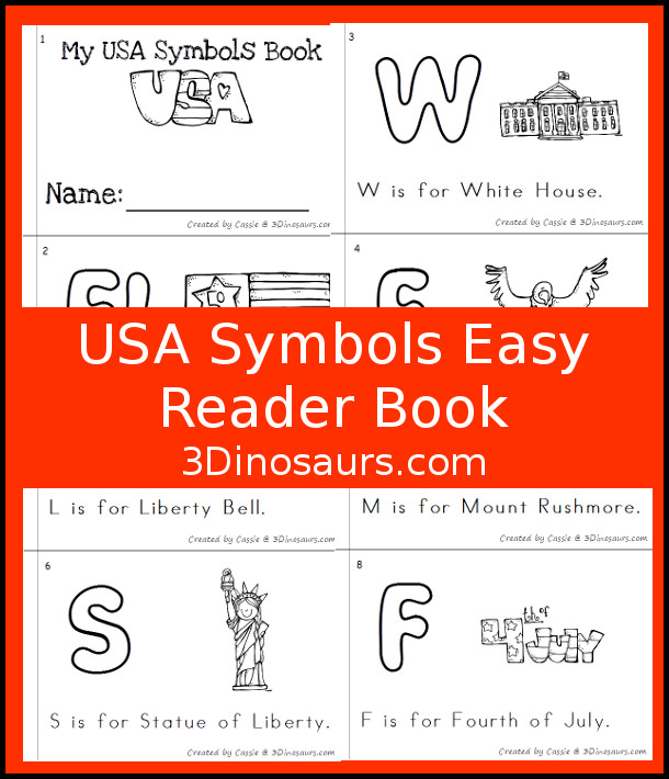 Free USA Symbols Themed ABC Easy Reader Book - 8 page books with letters and words that have a USA symbols theme - 3Dinosaurs.com
