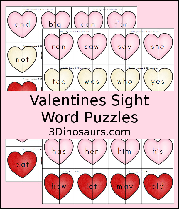 FREE Valentines Sight Word Puzzles for sensory bags or sensory bins - a fun hands-on way to work on 3 letter sight words. - 3Dinosaurs.com
