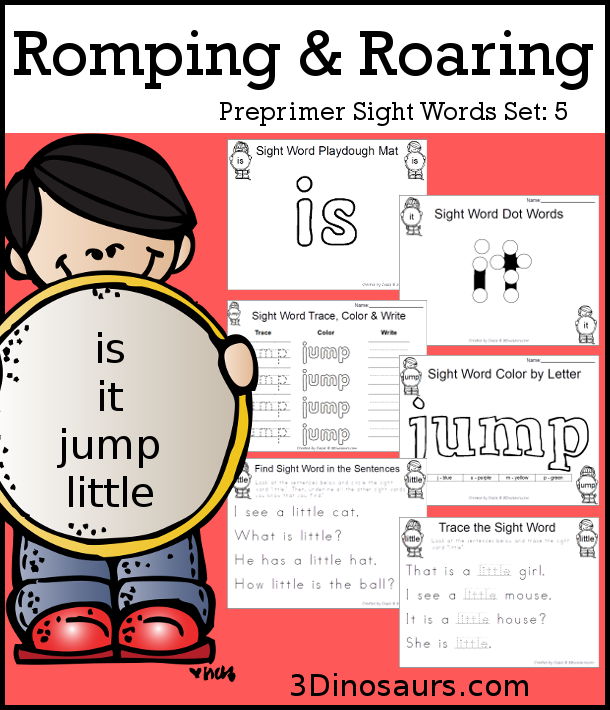 Free Romping & Roaring Preprimer Sight Words Packs Set 5: is, it, jump, little