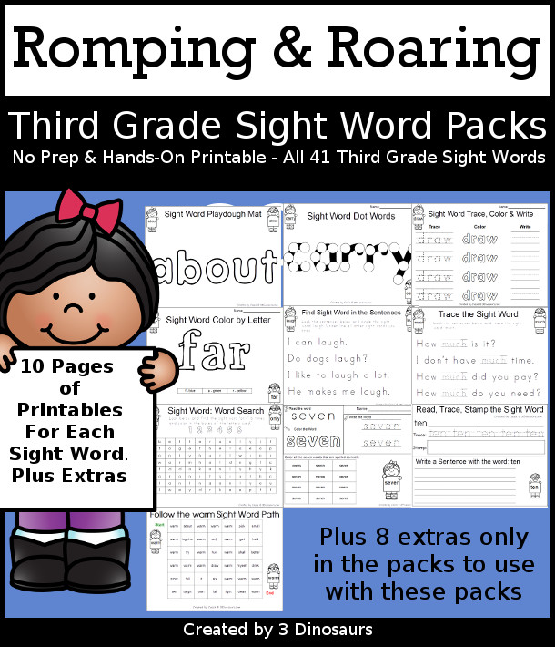 Romping & Roaring Third Grade Sight Words - with 10 pages of learning center ideas to work on 41 different sight words - 3Dinosaurs.com