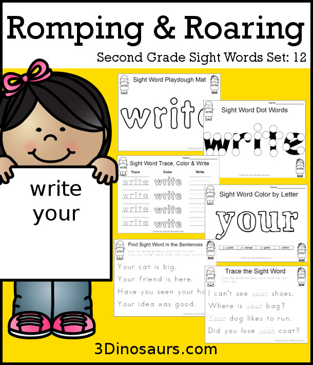 Free Romping & Roaring Second Grade Sight Words: write, your 6 pages of printables for each word - 3Dinosaurs.com