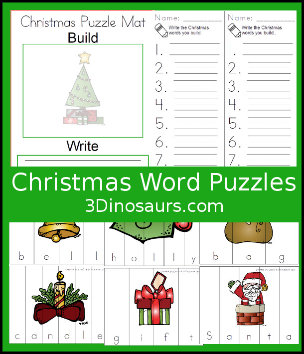 Free Christmas Themed Word Puzzles - 14 puzzles, building mat and writing sheet - 3Dinosaurs.com #handsonlearning #christmas #spelling #freeprintables