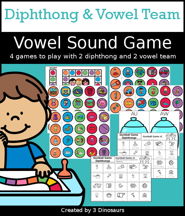 Gumball Diphthong and Vowel team Games for kids. You can 4 games, with 4 or 5 vowel combinations in each game with candy jar heads with vowels, gumballs with matching pictures fore the vowel teams or diphthongs and two matching worksheets for each game - 3Dinosaurs.com