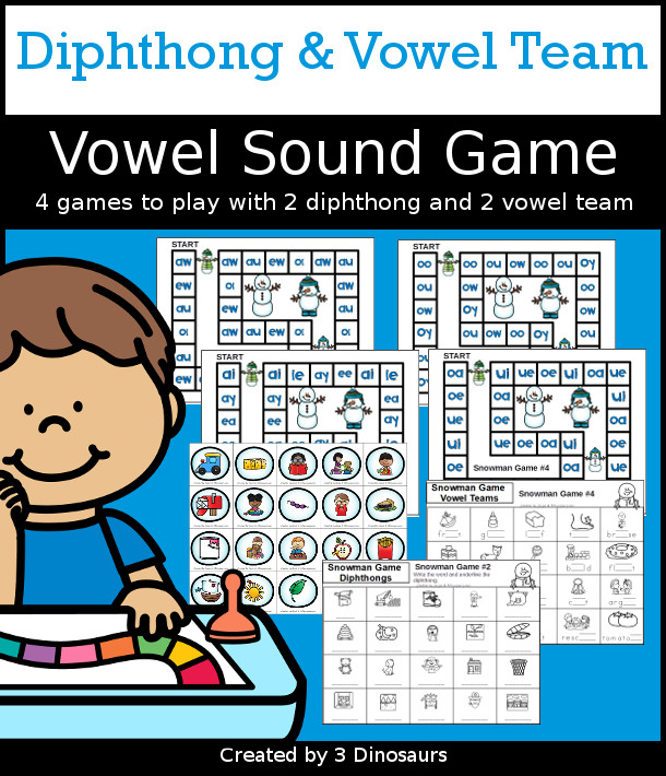 Snowman Diphthong and Vowel tem Games for kids. You can 4 games, with 4 or 5 vowel combinations in each game with snowman heads with vowels, snowballs with matching pictures fore the vowel teams or diphthongs and two matching worksheets for each game - 3Dinosaurs.com