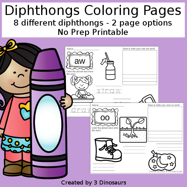 Diphthong Coloring Pages - with two options for tracing the words and writing the words 3Dinosaurs.com