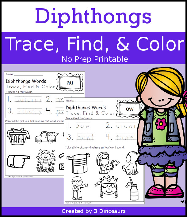 Diphthongs Trace, Find & Color 8 different digraphs, no-prep printable $ - 3Dinosaurs.com