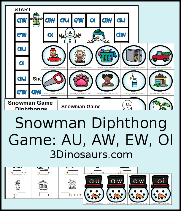 Free Snowman Diphthong Game for AU, AW, EW and OI Words - with snowman matching diphthong letters with pictures of those words. With a fun game to play while matching and a worksheet with all the pictures and words to find. A great review of diphthong words au, aw, ew, and oi. - 3Dinosaurs.com