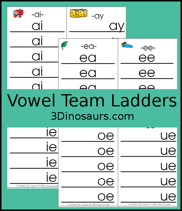 Free Vowel Team Ladders - 6 pages of printables  with vowel team vowels in the middle to help build words with for kids in first grade, second grade and third grade. - 3Dinosaurs.com