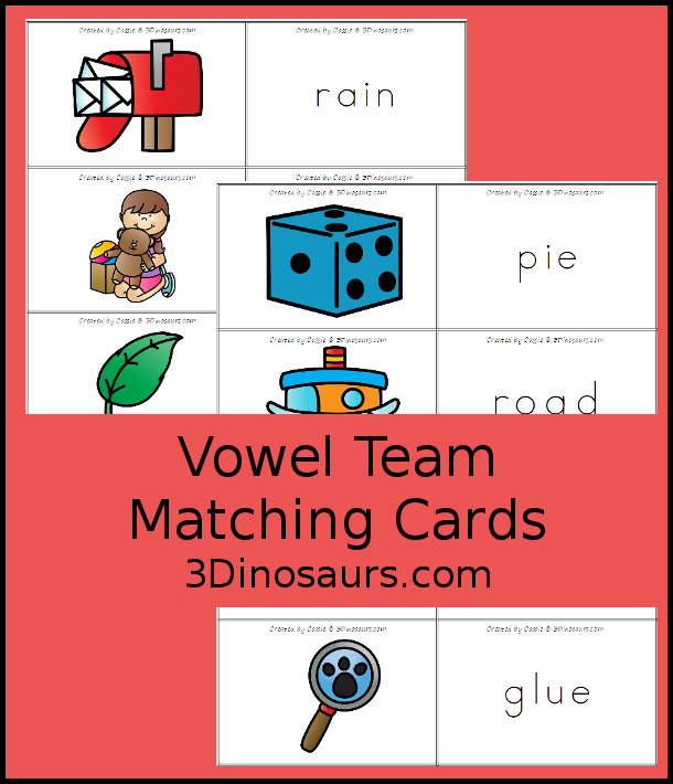 Free Vowel Team Matching Cards  has 9 matching cards for each vowel team with a picture of a word and finding a matching word with the same vowel team - 3Dinosaurs.com