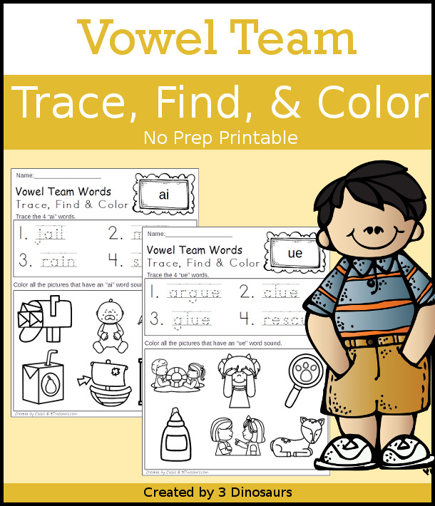 Vowel Team Trace, Find & Color - 9 vowel team endings a no prep printable $ - 3Dinosaurs.com