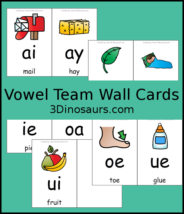 Free Vowel Team Wall Cards - 6 pages of printables with vowel team letters with matching picture and word for the vowel team  - 3Dinosaurs.com