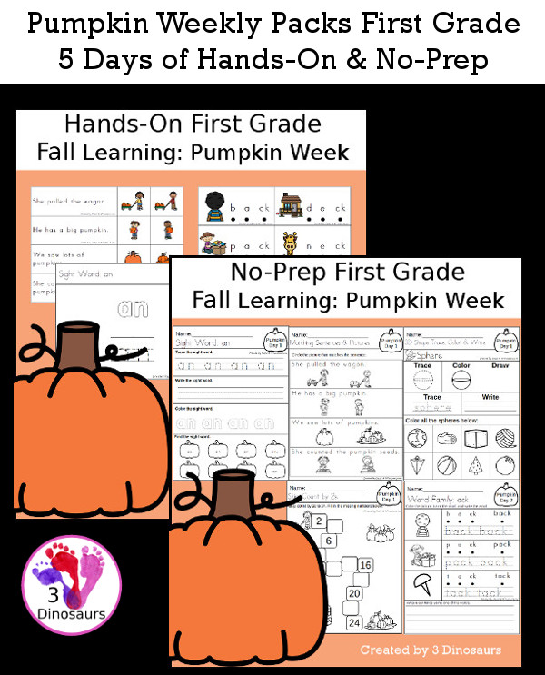 No-Prep & Hands-On PumpkinThemed Weekly Packs for First Grade with 5 days of activities to do to learn with a fall pumpkin theme - 3Dinosaurs.com