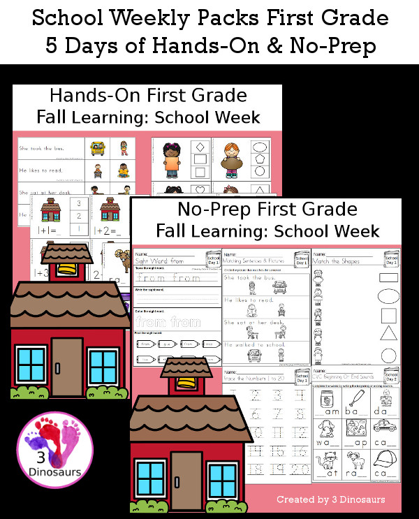 No-Prep & Hands-On School Themed Weekly Packs for First Grade with 5 days of activities to do to learn with a school theme - 3Dinosaurs.com