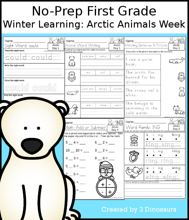 No-Prep Arctic Animals Themed Weekly Packs for First Grade with 5 days of activities to do to learn with a winter Arctic Animals theme. - 3Dinosaurs.com