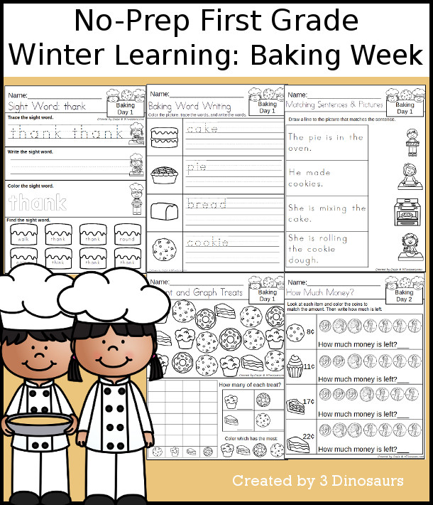 No-Prep Baking Weekly Packs for First Grade with 5 days of activities to do to learn with a winter Baking theme. - 3Dinosaurs.com