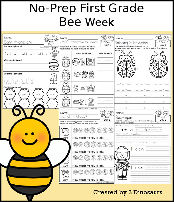 No-Prep Bee Weekly Packs for First Grade with 5 days of activities to do to learn with a spring Bee theme. - 3Dinosaurs.com