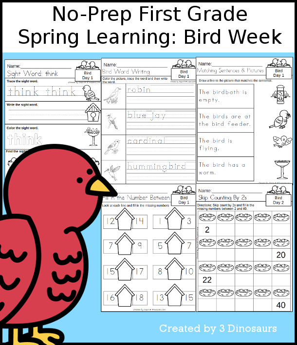 No-Prep Bird Themed Weekly Packs for First Grade with 5 days of activities to do to learn with a spring Bird theme. - 3Dinosaurs.com